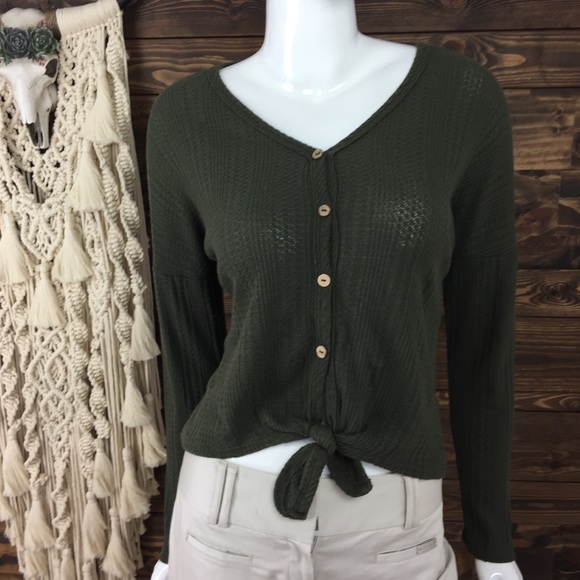 Paper Crane Tops - Paper Crane | Waffle Knit Button Knot Tie Front